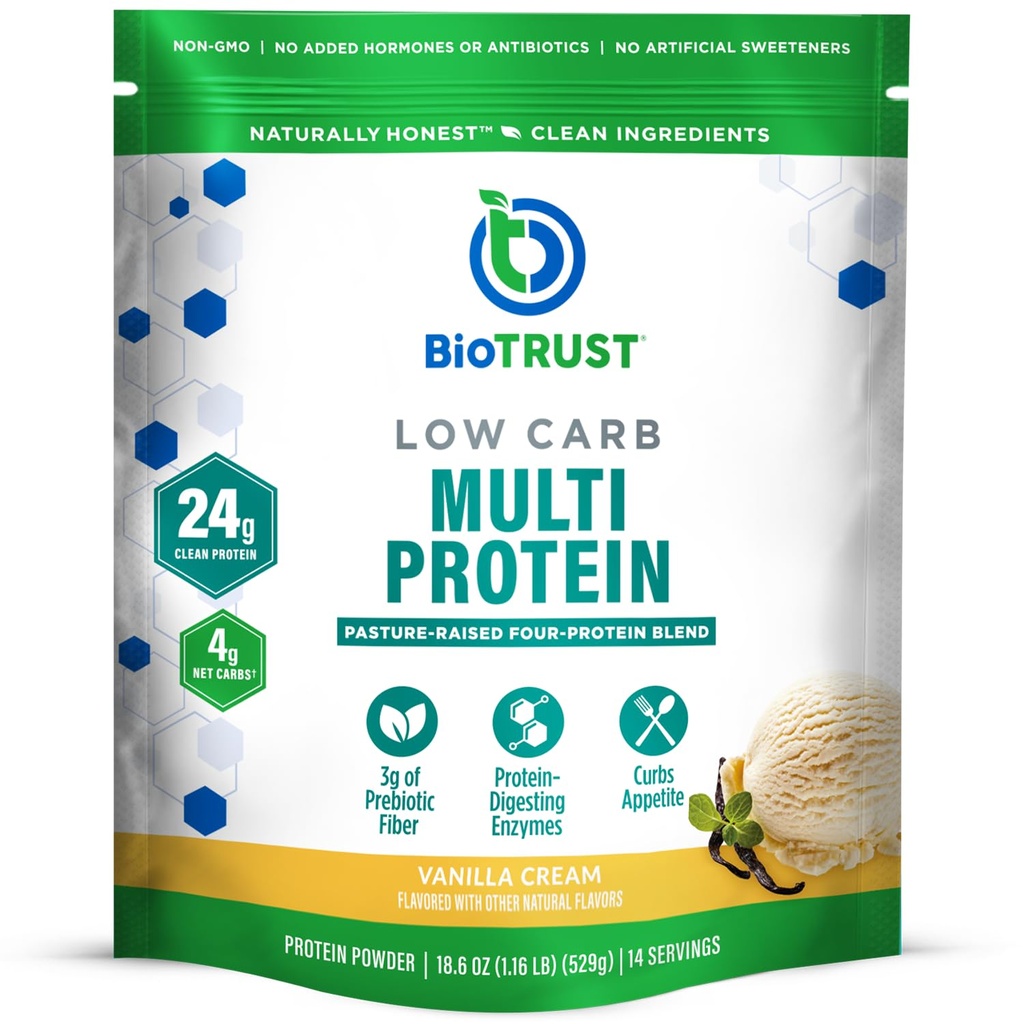 BioTrust Low Carb Protein Powder – 자연적이고 맛있는 Whey & Casein Blend from Grass-Fed Hormone Free Cows – 비 GMO, Soy Free, Gluten Free, 호르몬 Free (Vanilla)