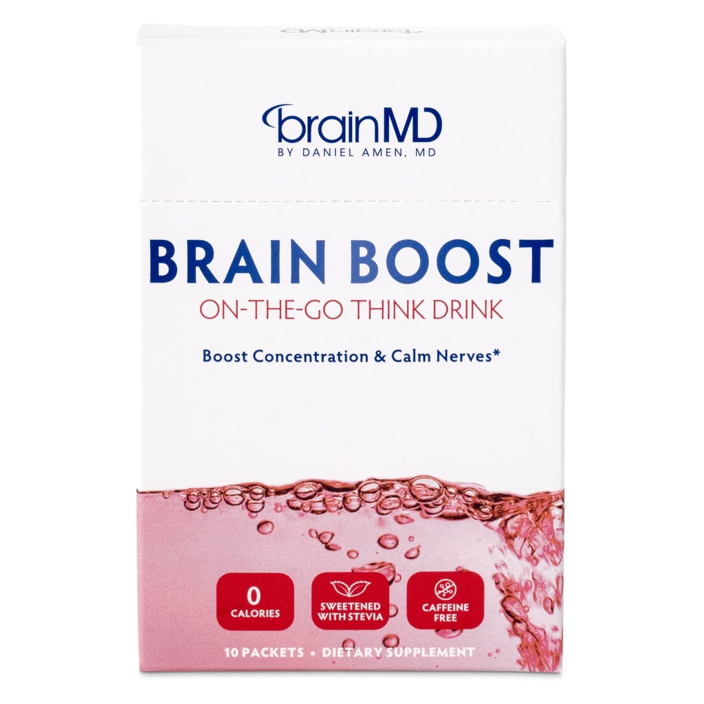BRAINMD Dr Amen Brain Boost On The Go - 10 Packets, Berry flavor - Nootropic 음료 분말, Focus, Clarity & Mental Energy 홍보 - 카페인 무료, 글루텐 무료 - 10 서빙