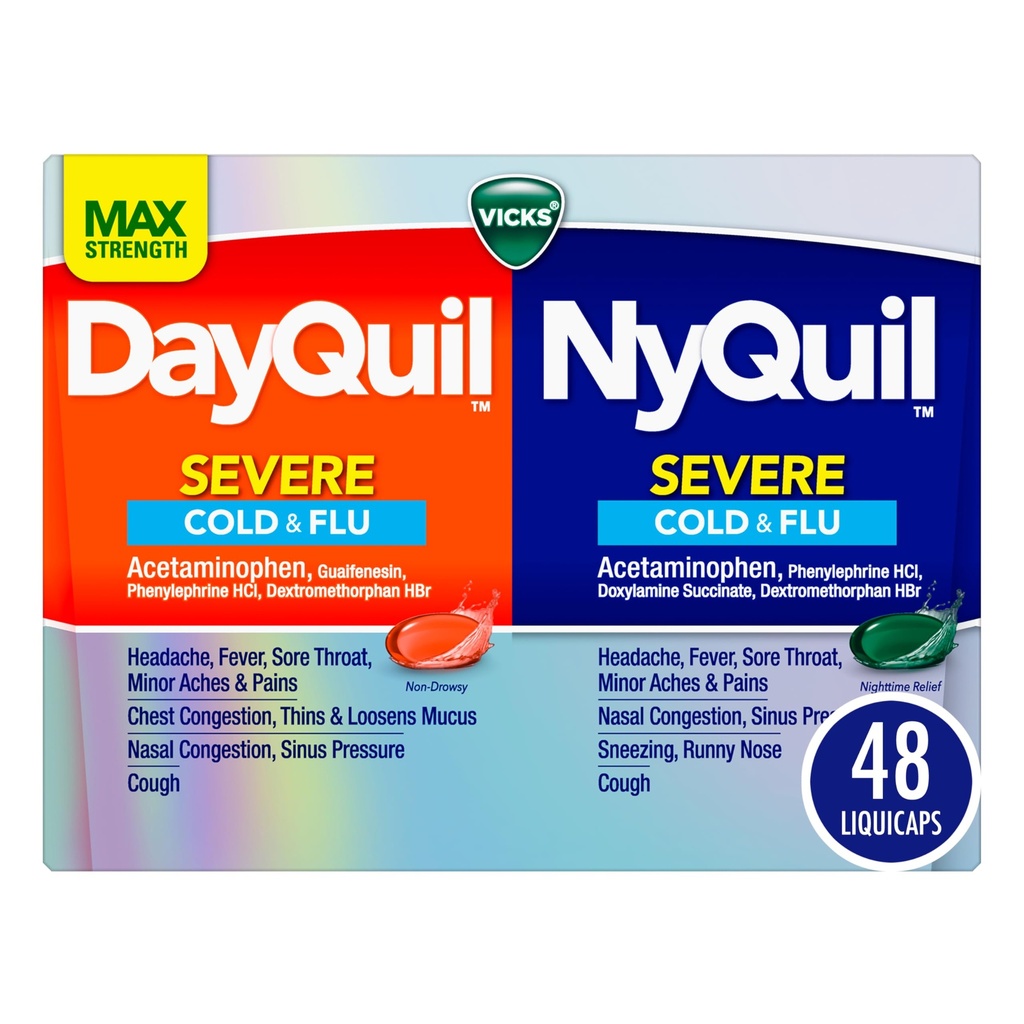 VICKS DayQuil & NyQuil SEVERE Co-Pack, Cold & Flu Medicine, Headache, Fever, Sore Throat, Minor Aches & Pain, Congestion, Sinus Pressure, Stuffy Nose 및 Cough, 48 LiquiCaps에 대한 강력한 구호