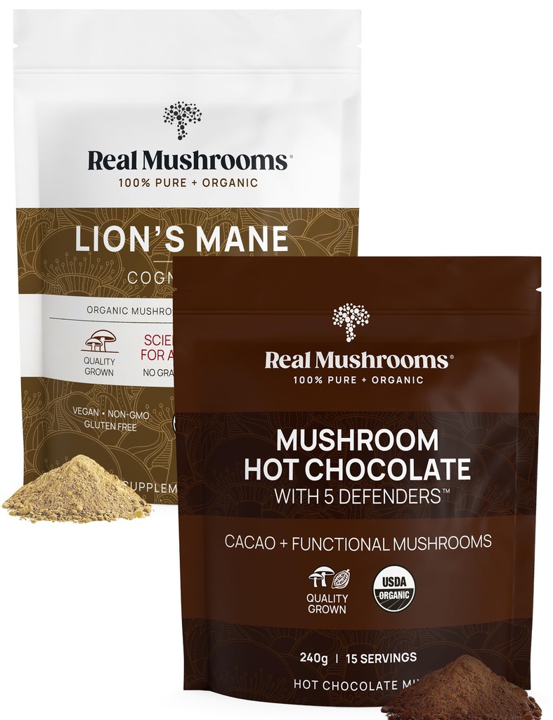 Real Mushrooms 핫 초콜릿 믹스 (15 서빙) 및 사자 Mane (60 서빙) 분말 번들 - 매일 Immunity & Cognition 지원을위한 버섯 분말 보충 - 글루텐 프리, 비 GMO, Vegan
