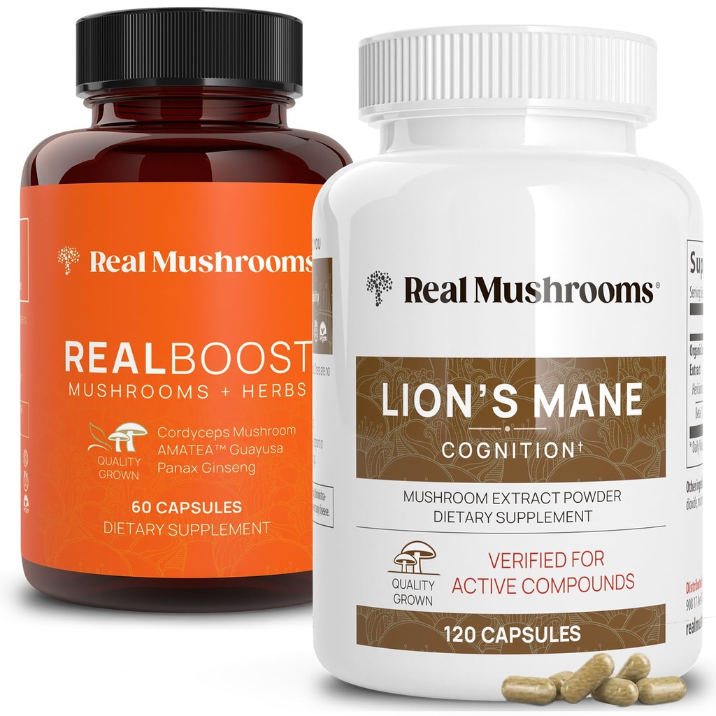 Real Mushrooms RealBoost (60ct) 및 Lions Mane (120ct) 캡슐 묶음 - 에너지, 활력 및 활력을위한 버섯 보충 - 에너지 및 두뇌 비타민 w/Cordyceps, 인삼, Guayusa - Vegan, Non-GMO