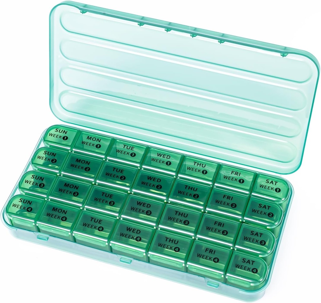 28 일 월간 알약 주최자 - 4 Week Pill Box 1 Time a Day, 7 Day Medicine Organizer Box, 비타민, 생선 기름을위한 여행 알약 용기 (Olive Green)