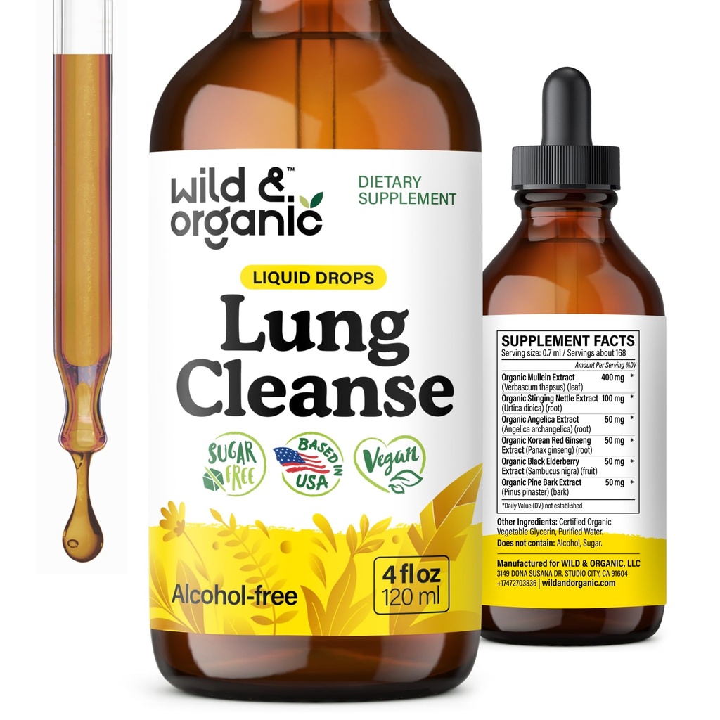 Wild & Organic Lung Cleanse Detox Tincture - Mullein Drops for Lungs - 초본 Mullein Extract Supplement - 채식주의자, 알코올 프리 드롭 - 4 fl oz
