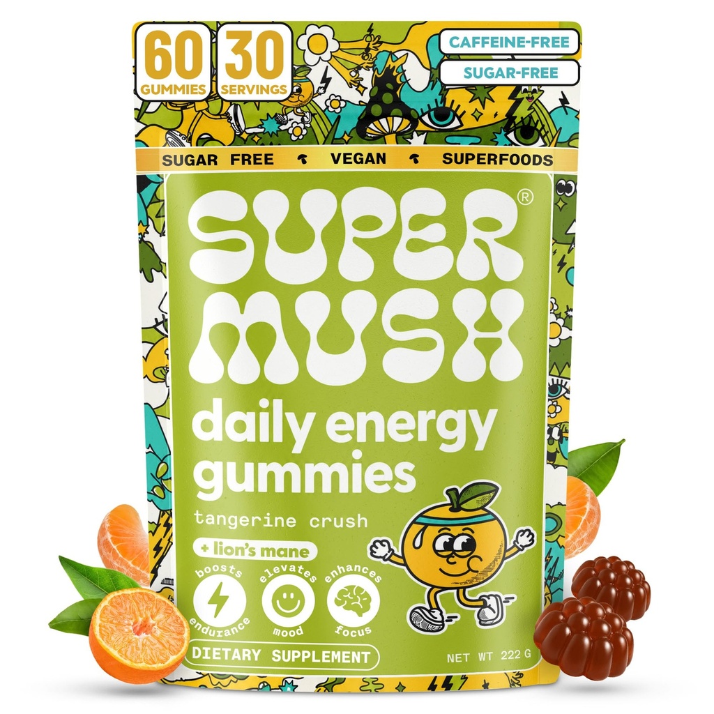에너지 버섯 Gummies - Cordyceps, Rhodiola, L-Theanine, Maca - Vegan & Sugar-Free - Energy, Focus, Stamina, Stress Reduction - 60 Gummies (30 서빙)