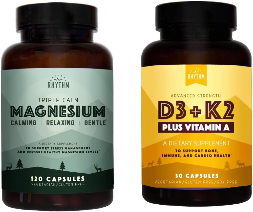 Natural Rhythm Triple Calm Magnesium 150 mg - 120 캡슐 - 마그네슘 복합 보충교재 W/Natural Rhythm 비타민 D3 + K2 (MK7) Plus Vitamin A, Bone, Heart, & Immune Health, 30 캡슐