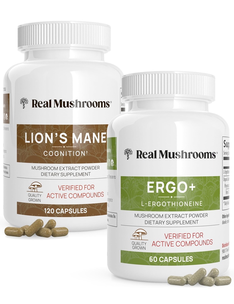 Ergothioneine (60ct) 및 Lions Mane (120ct)는 Shiitake와 Oyster Mushroom 추출물과 번들 - Longevity 및 Cognition - Vegan, Gluten Free, Non-GMO