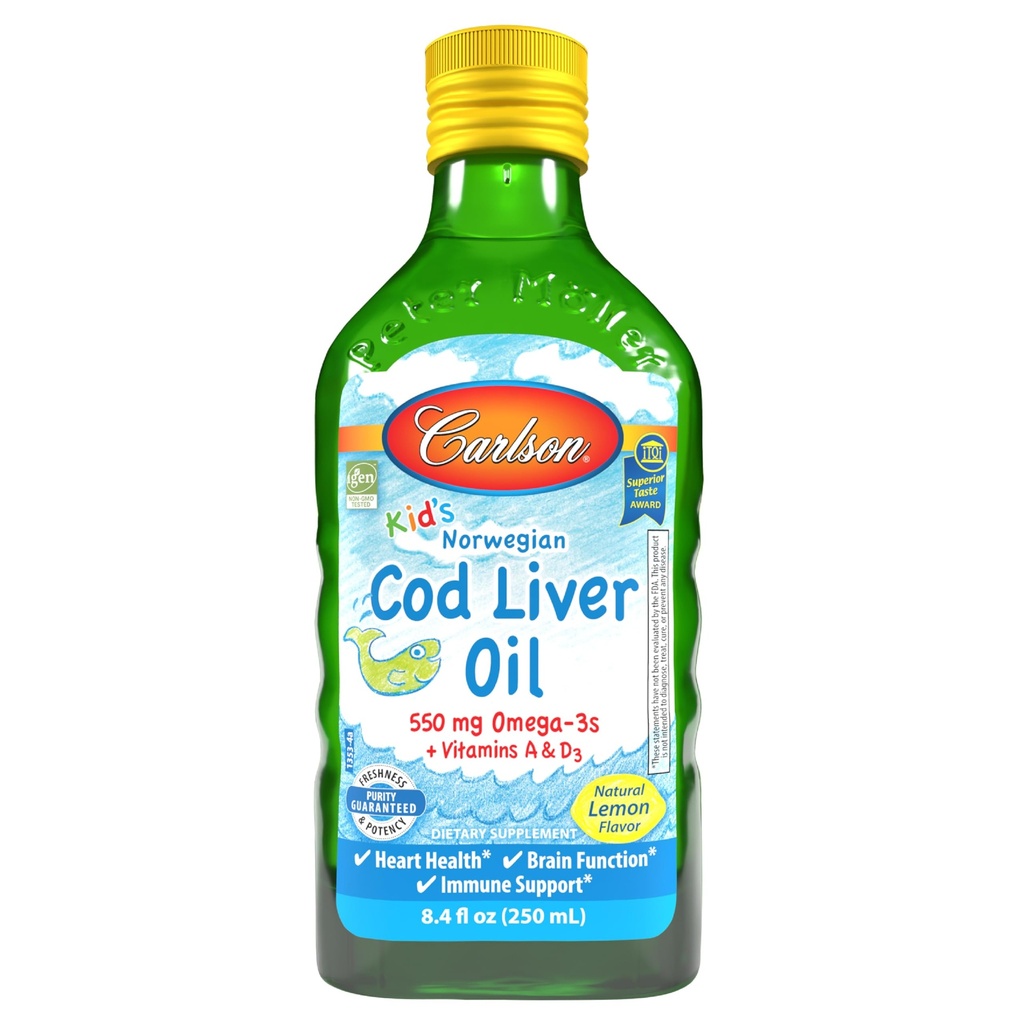 Carlson - Kid's Cod Liver Oil, 550 mg Omega-3s, 비타민 A & D3, 야생 노르웨이어, 레몬, 250 mL
