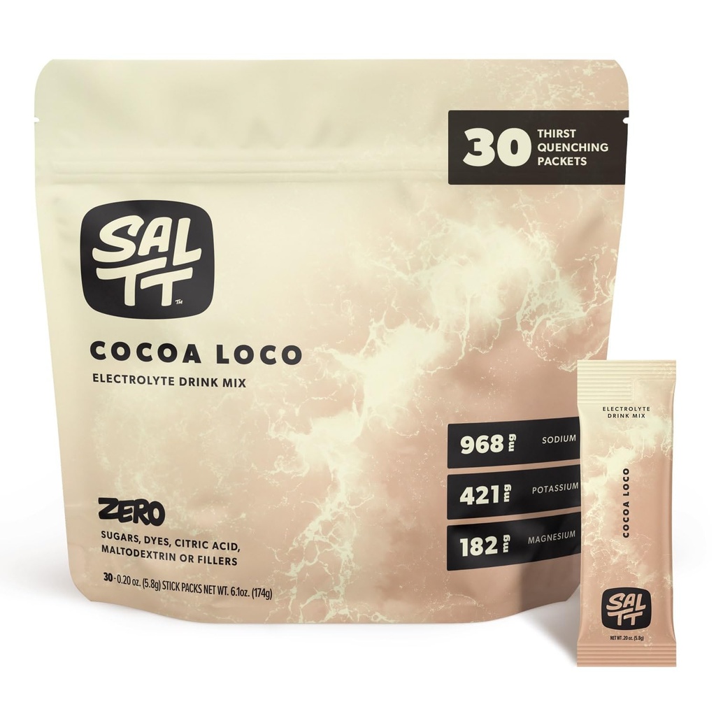 SALTT Electrolytes 분말 맛 음료 혼합 - 코코아 Loco - 30 Hydration Packets - 마그네슘, 칼륨, 나트륨, 추적 미네랄 - Zero Sugar & 글루텐 무료 - 여행 필수
