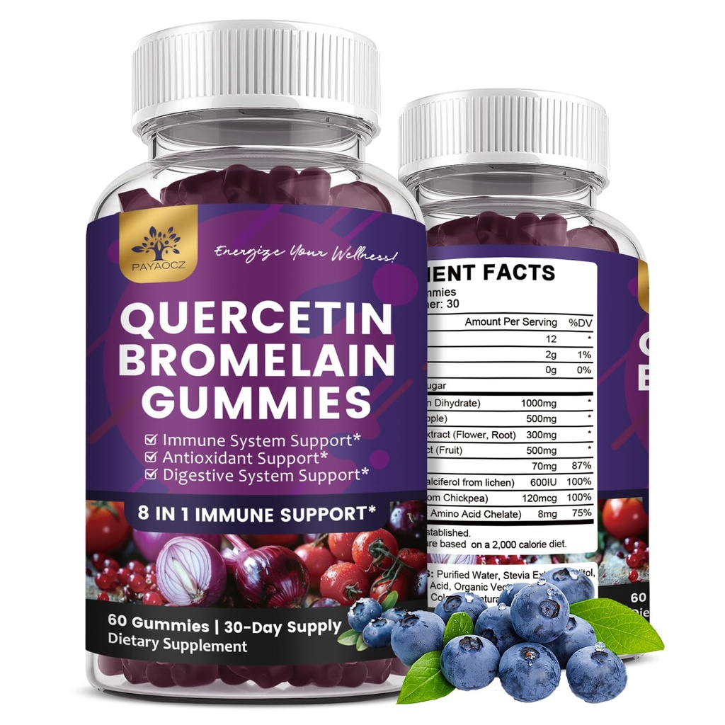 (2 팩) Bromelain 아연 Elderberry 비타민 C D3 K2의 심장 혈관, 면역 체계 & 알레르기를 위한 Bromelain 500mg를 가진 Quercetin 1000mg 보충교재, Vegan Gummy 성인 & Kid