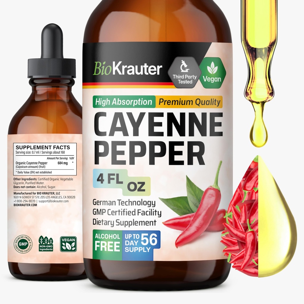BIO KRAUTER Cayenne Pepper Extract Liquid - Pure Capsaicin Extract - 소화 지원을위한 액체 Cayenne Pepper Drops - 설탕 및 알코올 무료 4 Fl.Oz.