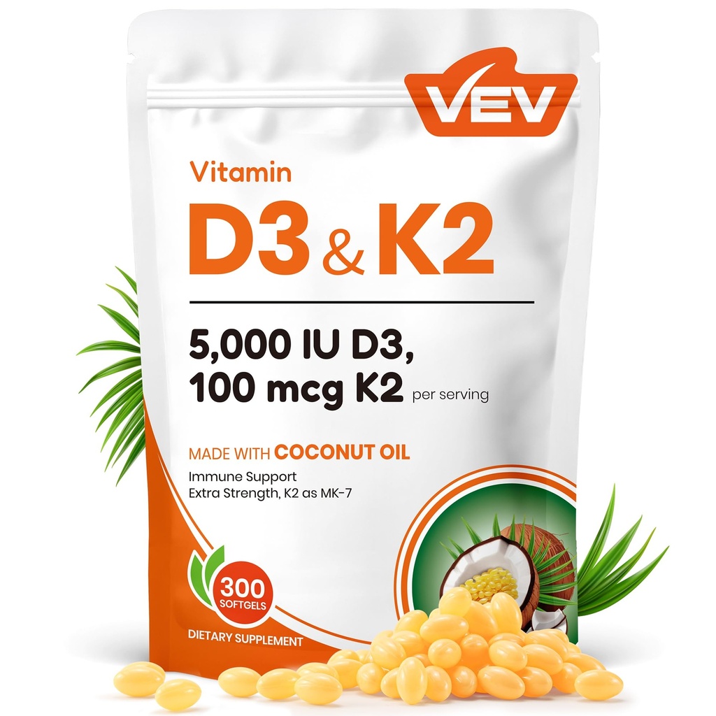 VEV Corefeel 비타민 D3 K2, 5000 IU D3 100mcg K2 (MK 7), 300 Softgels, 2-in-1 비타민 D & K 보충 코코넛 오일, 지원 칼슘 흡수 및 뼈 건강, 쉽게 삼키기