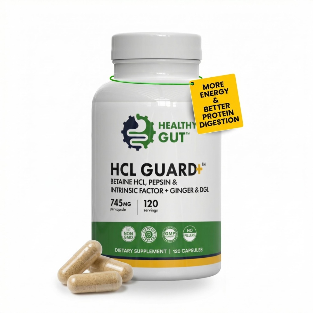 Healthy Gut HCL Guard+ | 건강한 소화 기능 향상 | 베타인 염산염, 유기 생강 뿌리, DGL 및 Pepsin | 60 인분