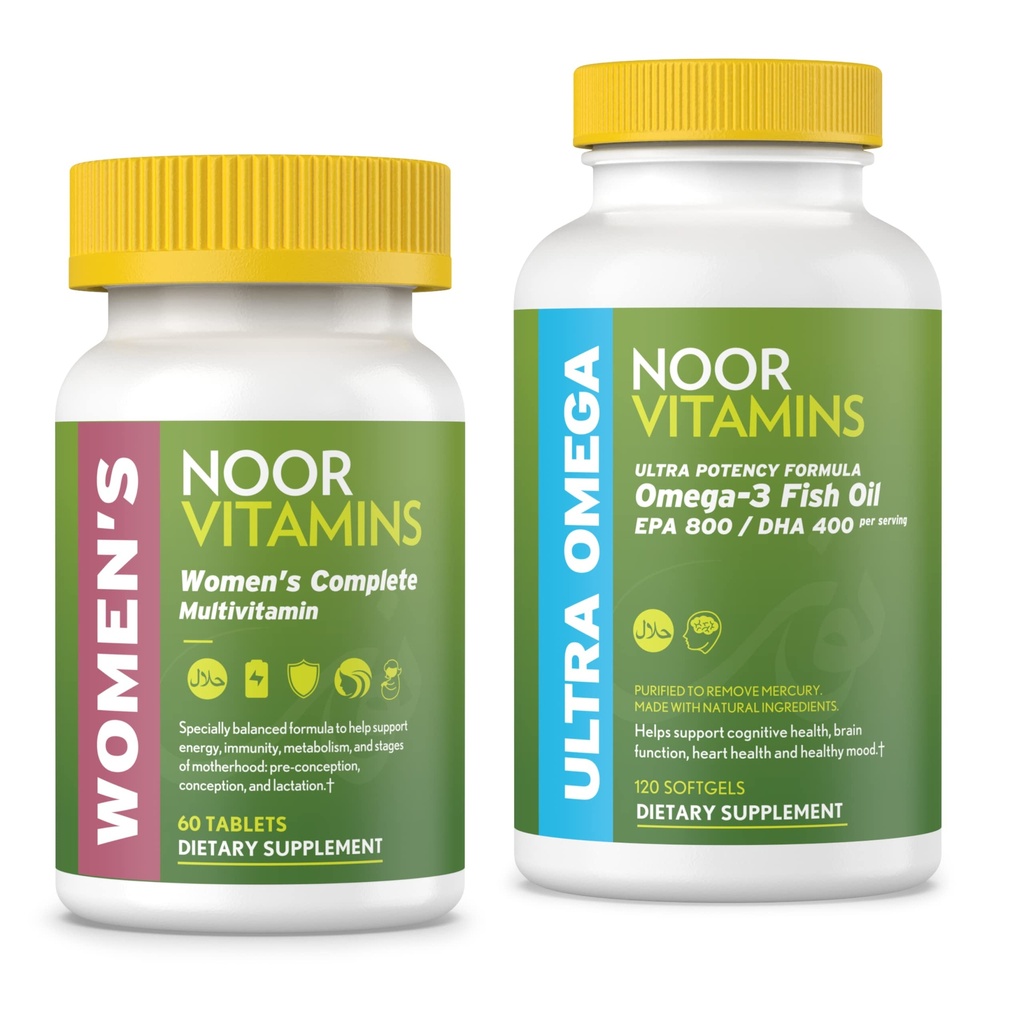 Noor Vitamins Women's Multivitamin와 오메가 물고기 기름 보충교재 뭉치
