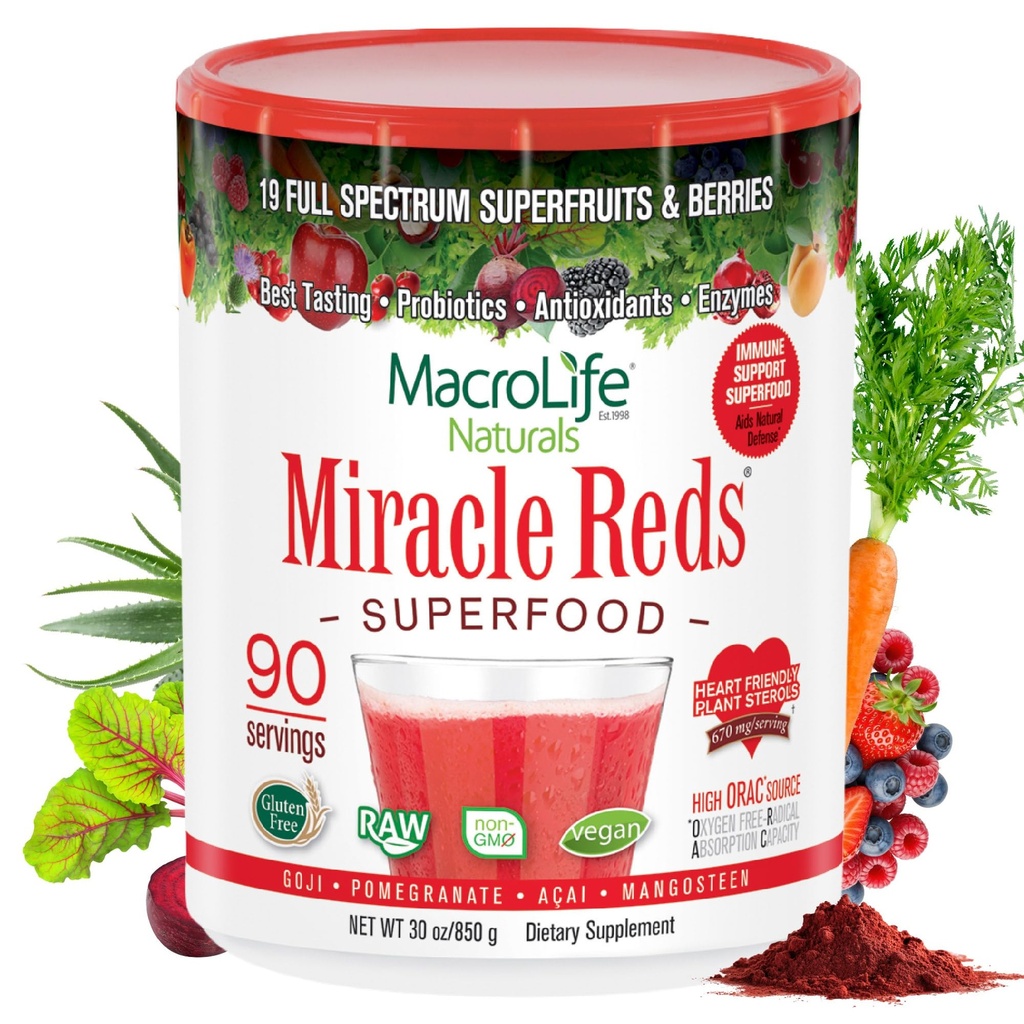 MacroLife Naturals Miracle Reds Superfood 보충교재 분말 산화 방지제 Polyphenols 효소 Probiotics - 익지않는 비 GMO 유기 채식주의자 글루텐 & 낙농장 자유로운 - 30oz (90 서빙) 30oz
