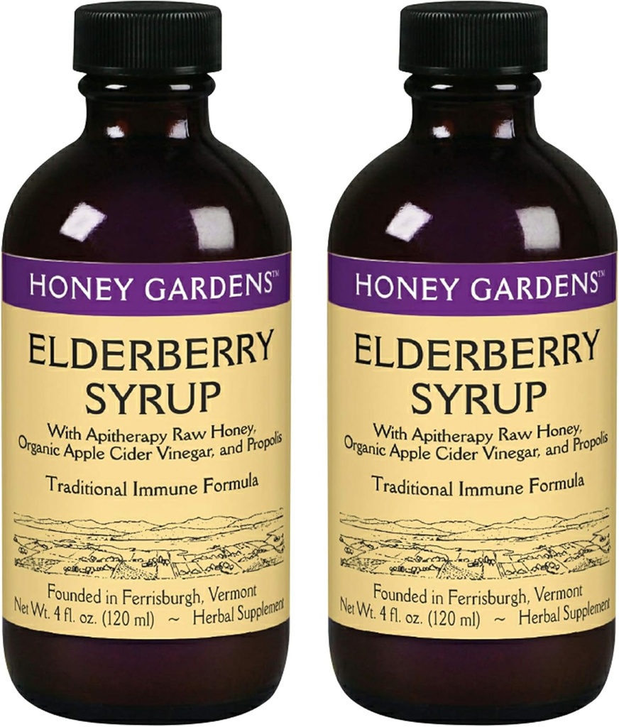 꿀 Gardens Elderberry Syrup 학년 A Raw Honey, Propolis, Organic ACV & Elderberry | 전통 면역 포뮬러 w/Echinacea | 미국에서 제작 (4oz, 2pk)