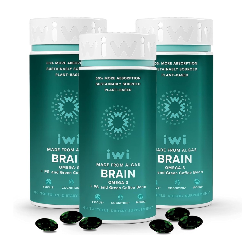 iwi Life Brain Omega-3, 180 Softgels (90 서빙), EPA + DHA, Focus, Memory 및 Mood Support Dietary Supplement, Krill & Fish Oil Alternative, No Fishy Aftertaste와 Vegan Plant 기반 조류 오메가-3