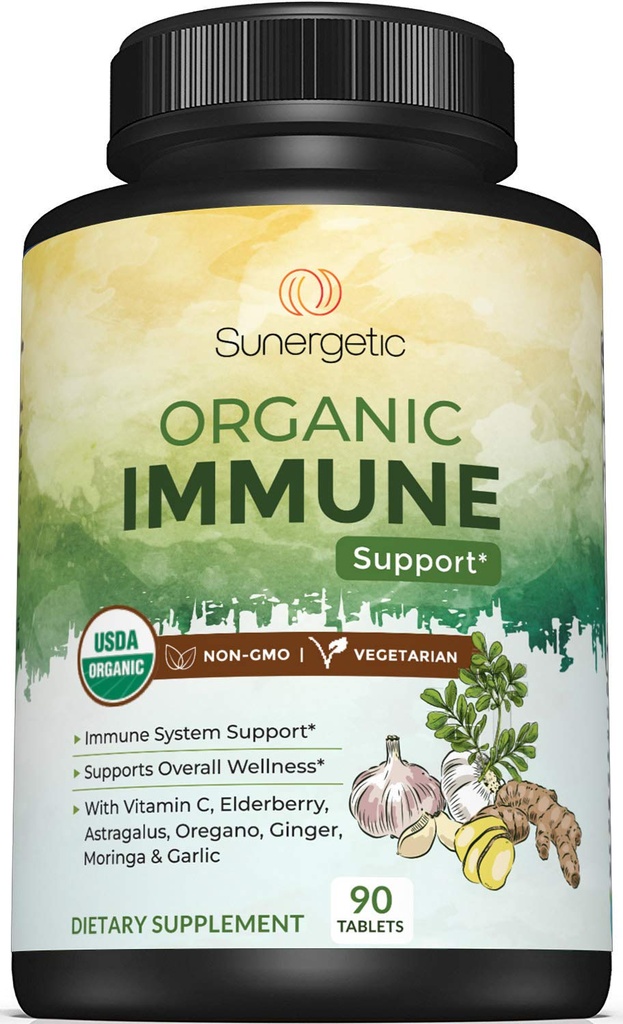USDA 유기 면역 지원 보충교재 – 비타민 C, Elderberry, Astragalus, Oregano, Ginger, Moringa & Garlic를 가진 유기 면역성 건강 보충교재 – 유기 면역 체계 지원 - 90 면역성 정제