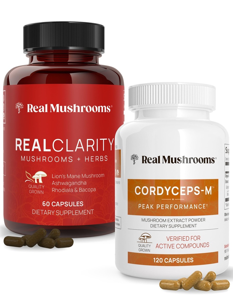 Real Mushrooms RealClarity (60ct) 및 Cordyceps (120ct) 캡슐 번들 - Mental Clarity, Focus, Energy & Vitality 용 버섯 보충 - 베타 글루칸의 검증 된 수준
