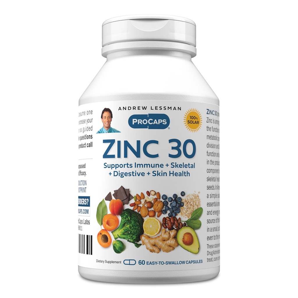 ANDREW LESSMAN 아연 30mg - 60 캡슐 - 높게 흡수성 아연 구연산염. Immune, Skeletal, 소화 및 피부 건강을 지원합니다. 작은 쉽게 삼키기 캡슐. 없음 첨가제