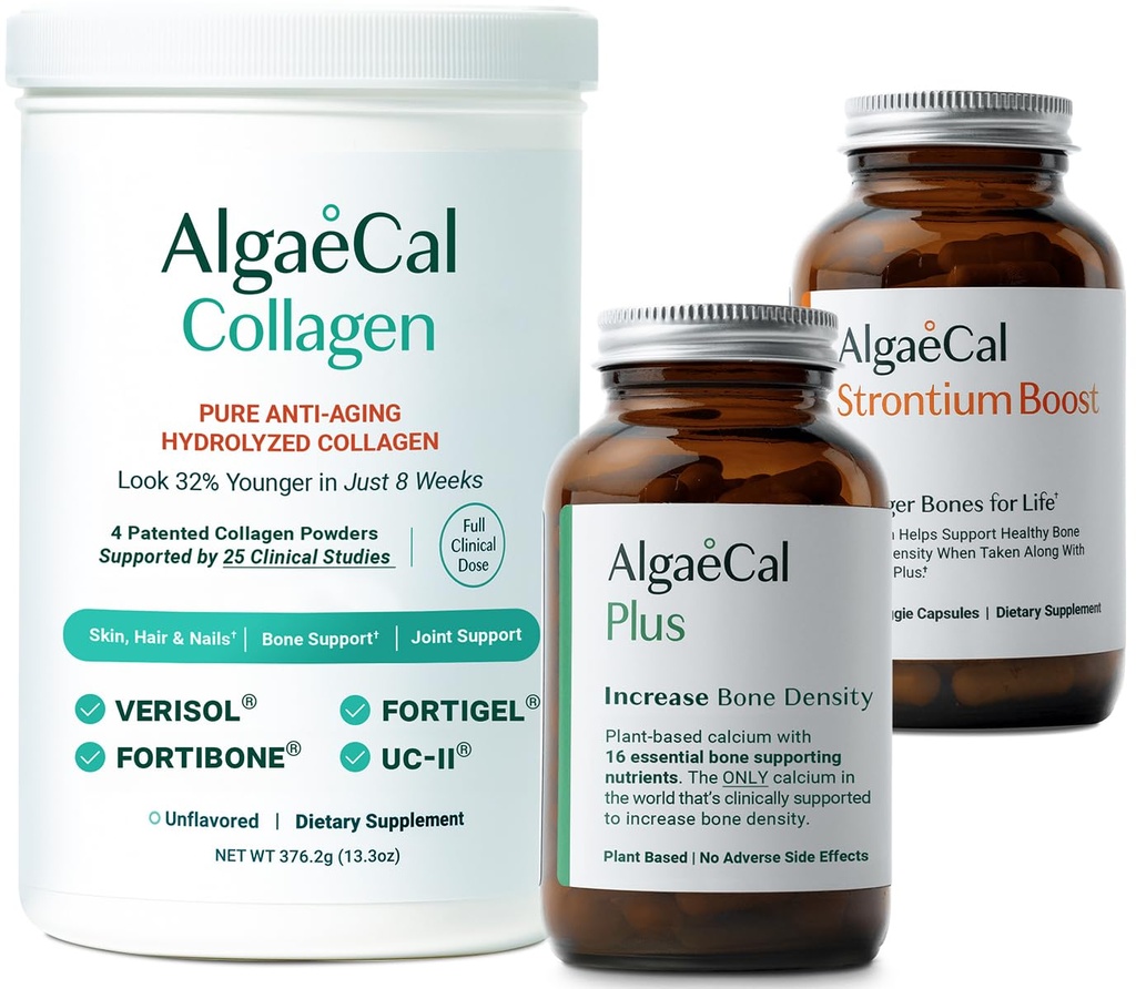 ALGAECAL Bone Builder & Collagen Bundle – Verisol, Fortibone, Fortigel + Plant 기반 칼슘, Strontium, D3, K2, Magnesium & 16 Nutrients for Beauty & Bone Health