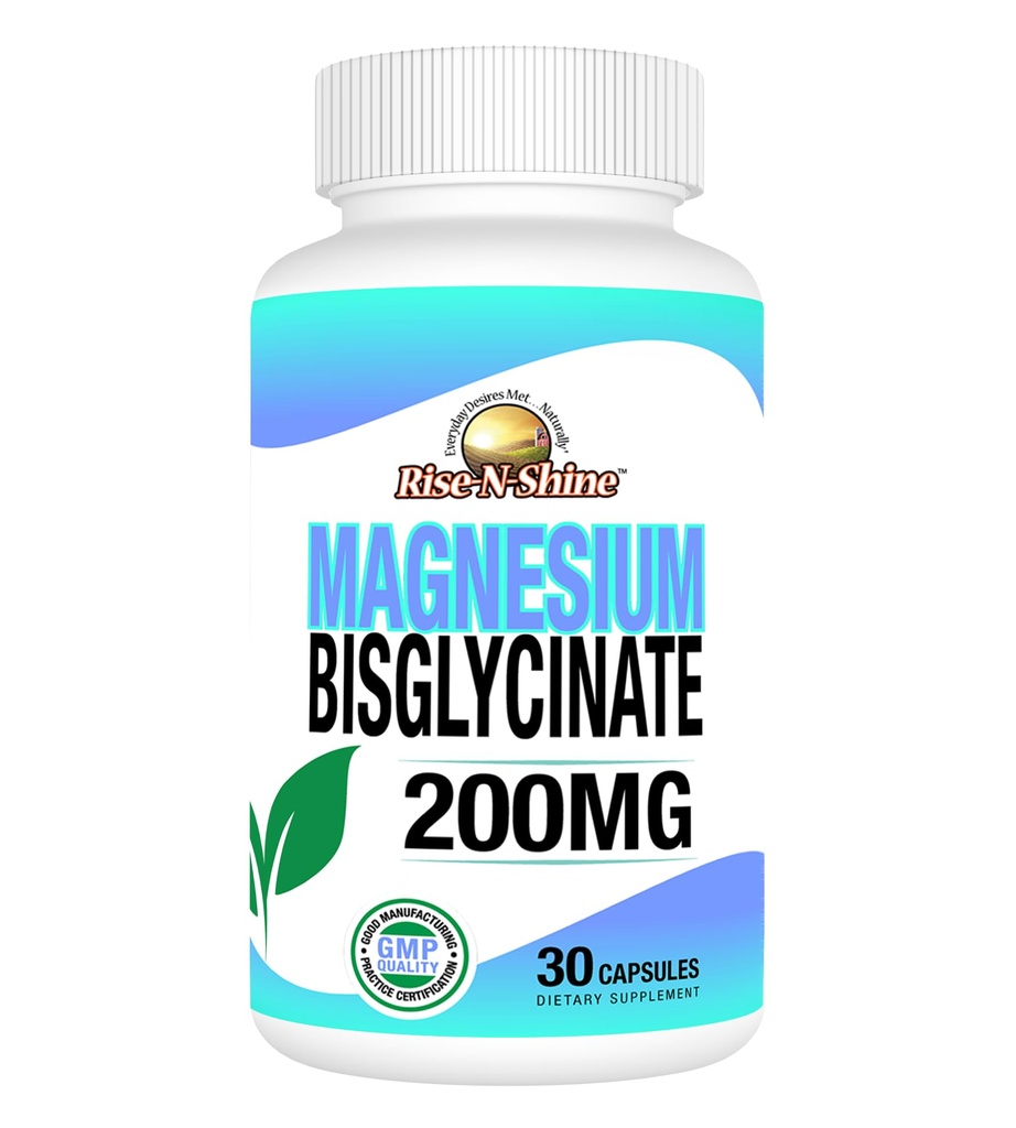 Rise-N-Shine - 마그네슘 Bisglycinate 200 mg - 합동 & 근육 지원 - 지원 에너지, 소화 및 뼈에 보충 - 수면 지원과 휴식을위한 마그네슘 (30 캡슐)