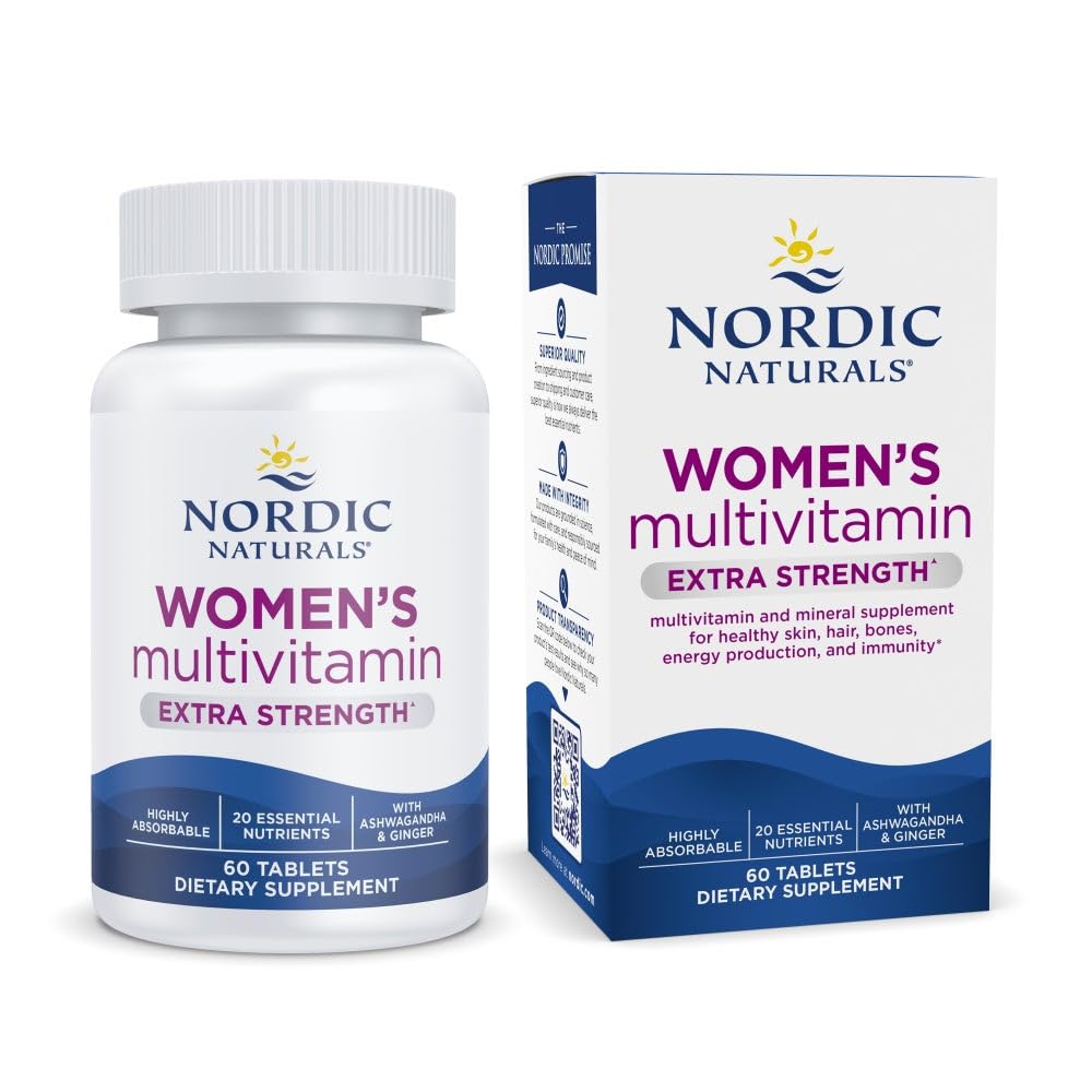 Nordic Naturals Women 's Multivitamin Extra Strength - 피부, 헤어, 에너지, & 뼈 지원 - 면역 보충제 - 20 Essential Nutrients - 60 Tablets - 30 서빙
