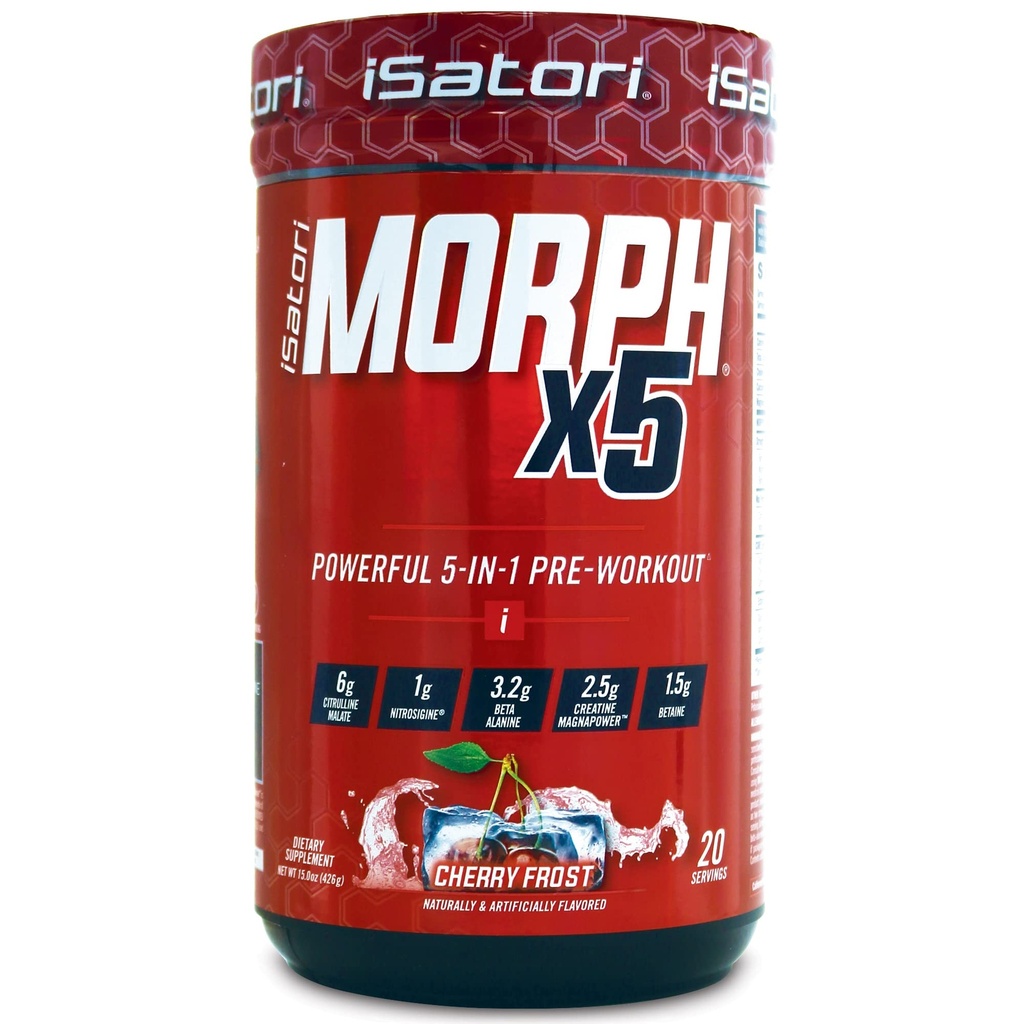iSatori Morph X5는 Beta Alanine, Creatine Magnapower, Citrulline Malate- Nitric 산화물 흐름 및 에너지, 내구시간 및 힘, Cherry Frost (20 서빙)를 위한 펌프 보충교재를 가진 전 운동을 감깁니다