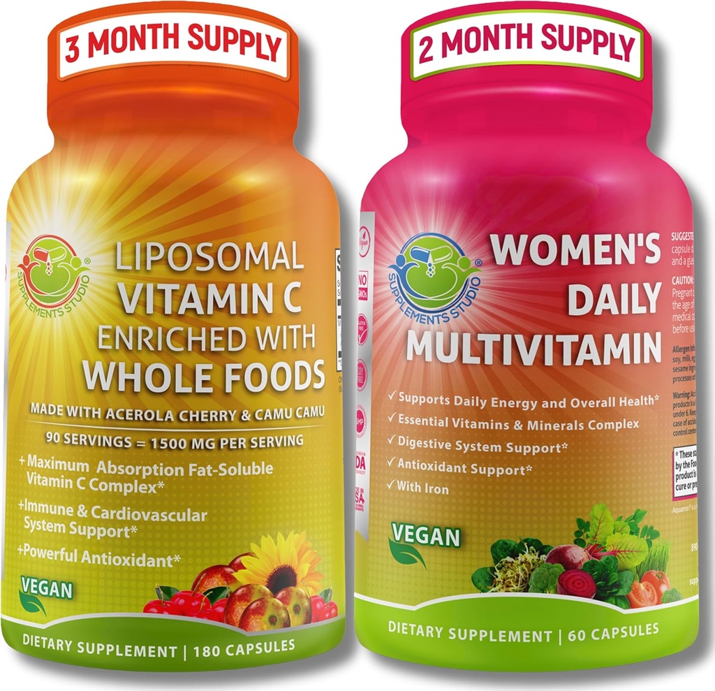 산화 및 면역 지원 번들 - 유기 Acerola Cherry & Camu Camu를 가진 Liposomal 비타민 C 1500mg + 철, Superfoods, Probiotics & 효소를 가진 Women's Daily Multivitamin – 비 GMO