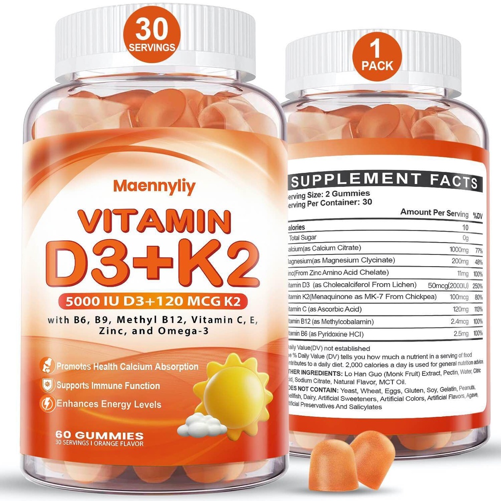 성인을 위한 비타민 D3 K2 Gummies - 비타민 D3 5000IU + K2 (MK-7) 120mcg - 오메가 3, 메틸 B12, B9, B6, 비타민 E & 아연을 가진 설탕 자유로운 D3와 K2 보충교재 - 칼슘 흡수 & 면역력을 위해