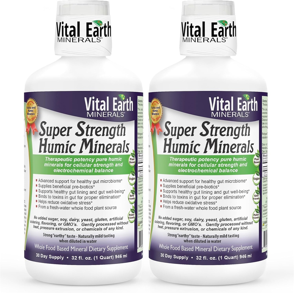 Vital Earth Minerals Super Strength Humic Minerals 2-Pack - 70 + Trace Minerals와 Fulvic Acid Supplement, Detox & Digestion 용 Electrolytes, 32 Oz Ea + 1 Oz Cup