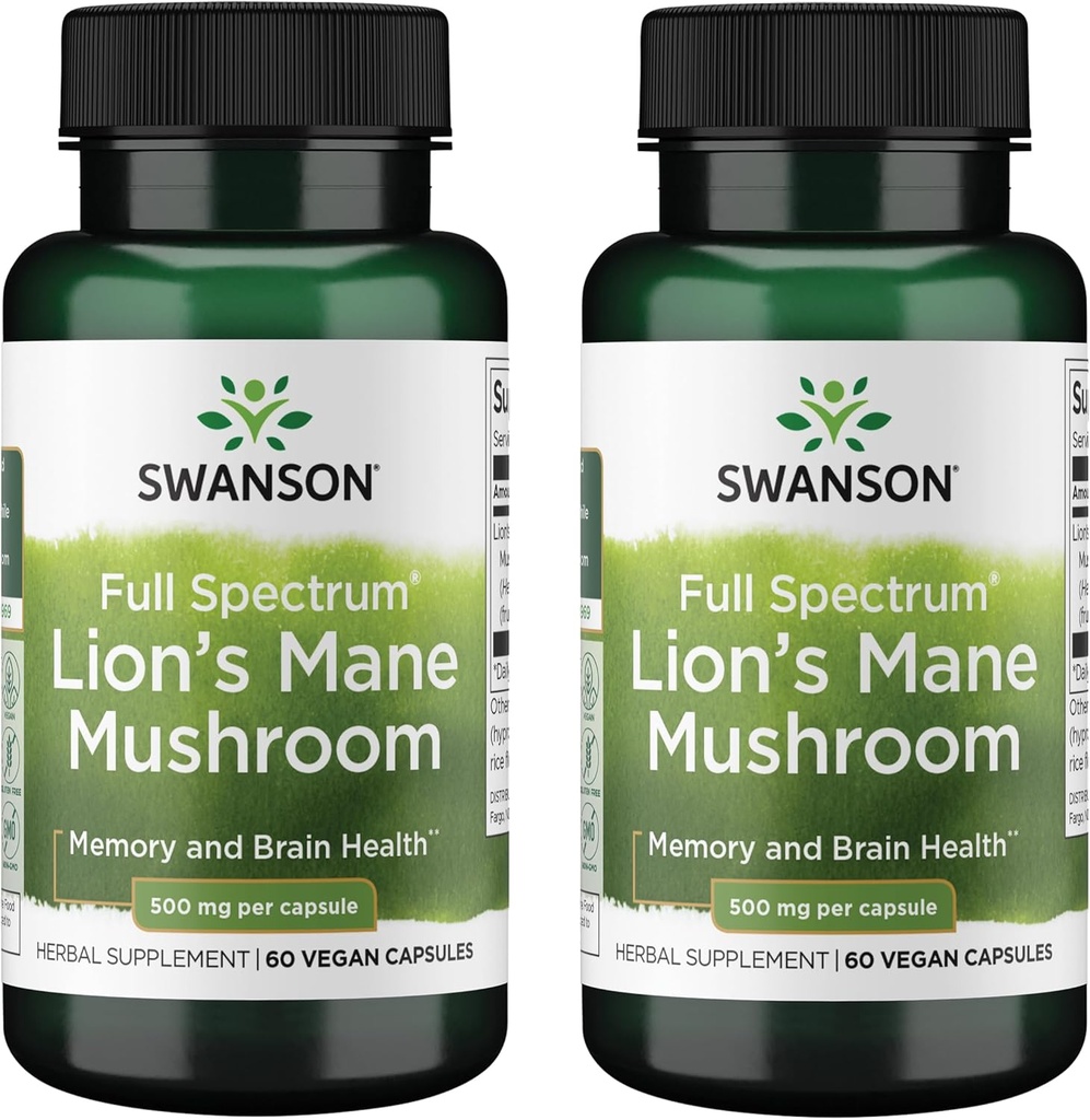 Swanson Full Spectrum Lion's Mane Mushroom - Memory, Focus & Clarity* 지원에 대한 두뇌 건강 보충 - May also Aid Immune, Heart & Digestive Health - 글루텐 프리 & 비 GMO - 60 캡슐 (2 팩)
