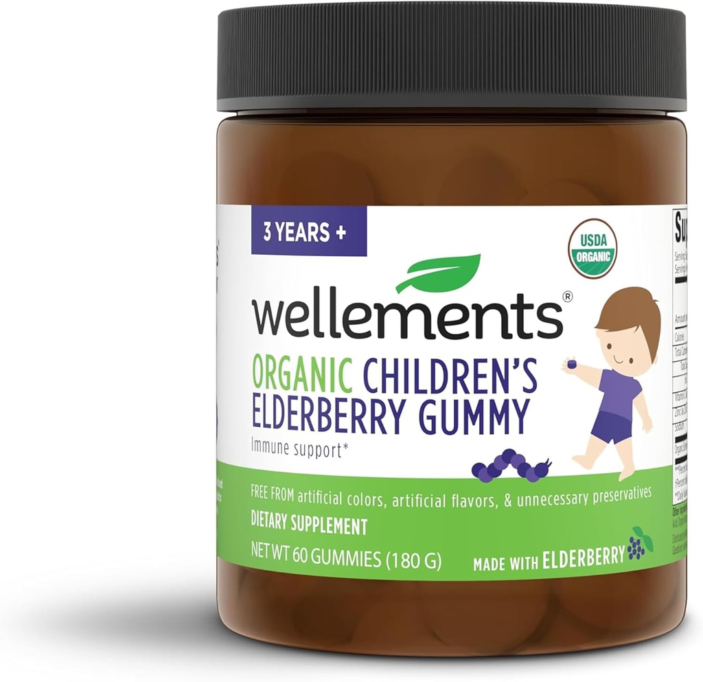 Wellements Organic Children's Elderberry Gummy | 비타민 C 및 아연으로 만든 매일 아이 면역 지원 Gummies*, USDA 인증 유기, 인공 색상 없음 | 2 년 +, 60 개