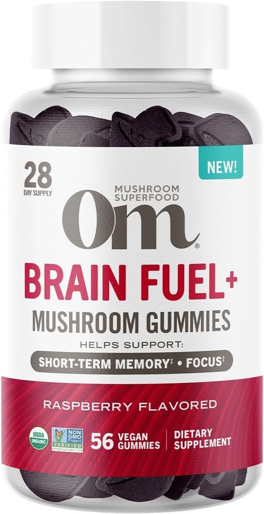 Om Mushroom Superfood Brain Fuel+ Gummies, 28 서빙, 라즈베리 거미 보충 메모리와 초점