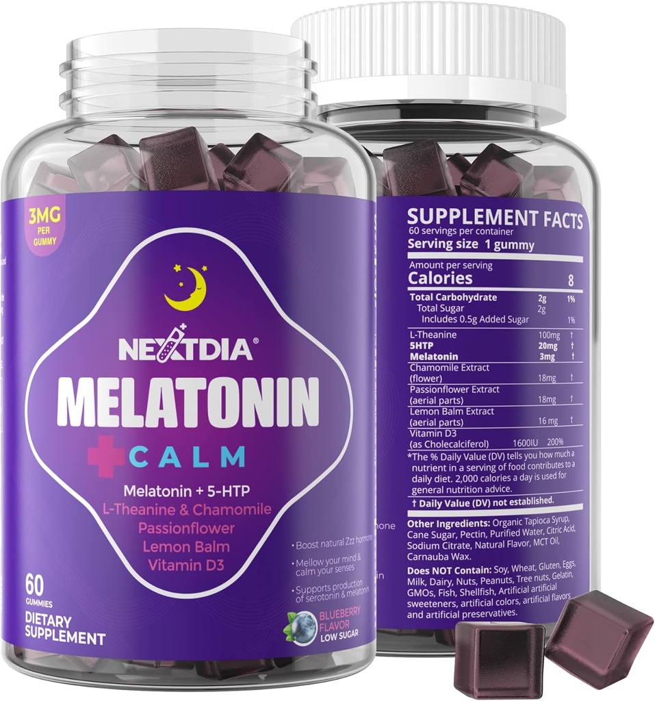 Melatonin Gummies 3mg 5mg 1mg - 5HTP, L-Theanine, 레몬 Balm, Chamomile, 열정 꽃, 면역 지원을위한 비타민 D3 - 낮은 설탕, 젤라틴 무료, 비건 - 60 개