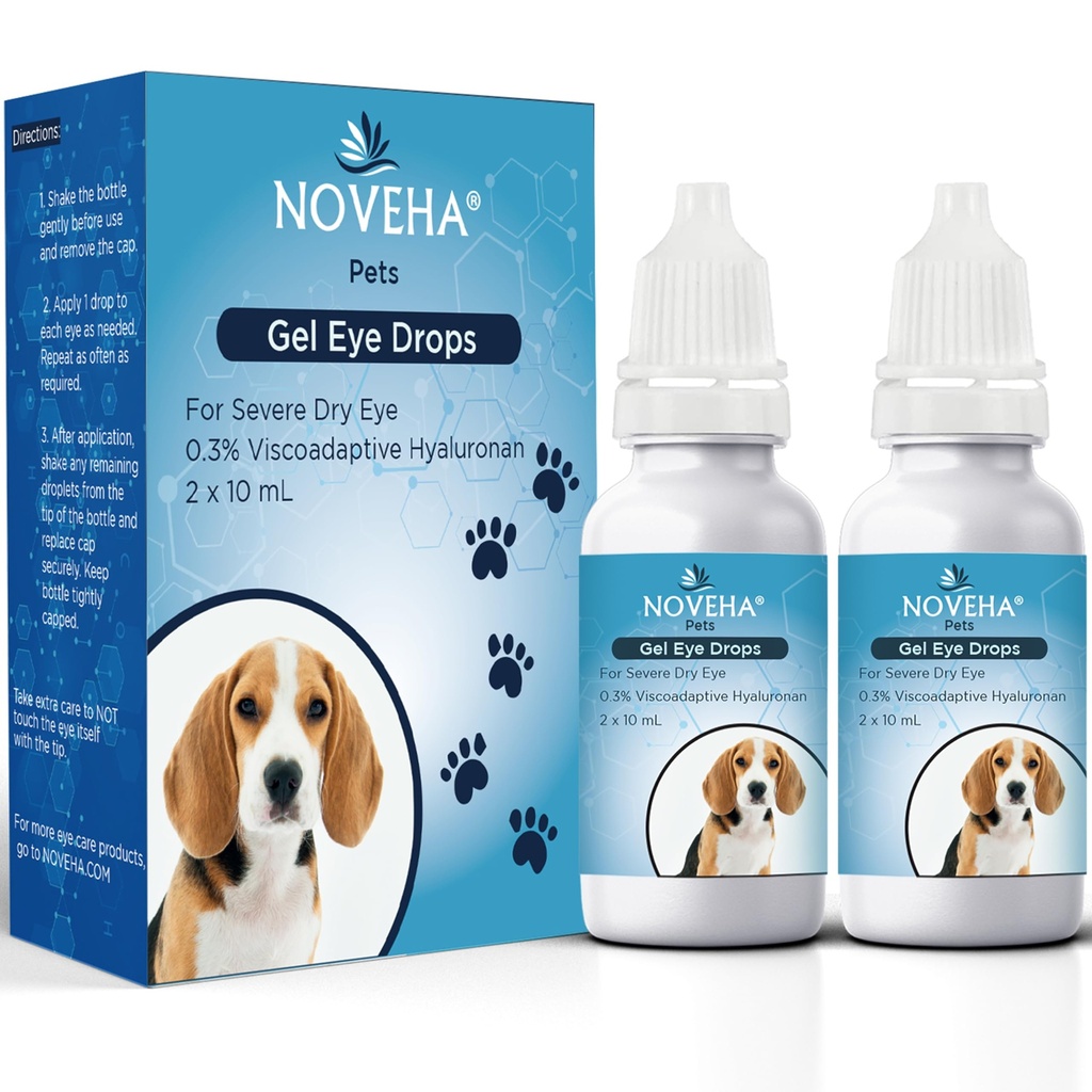 NOVEHA Pet Gel Eye Drops with 0.3% Viscoadaptive Hyaluronan | Severe Dry Eye 용 Eye Solution - Long Lasting Hydration, Nuisance, Swelling & Dryness - 개와 고양이를위한 눈 루브 (2x10mL)