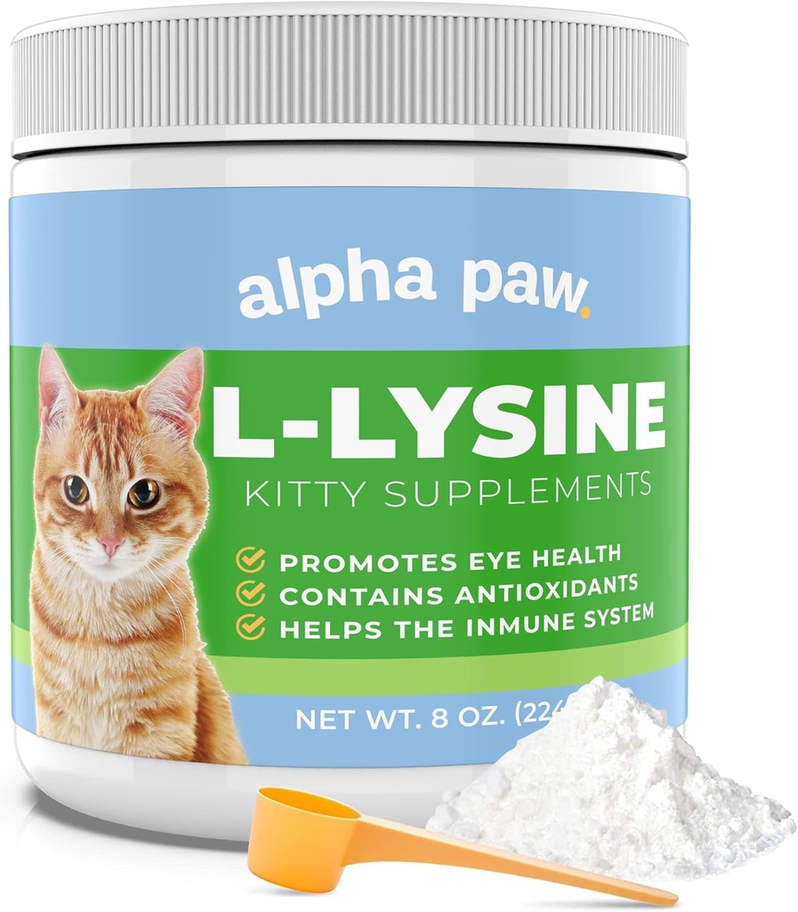 Alpha Paw - 애완 동물을위한 인간 학년 - 고양이 Lysine 보충 - 추가 서빙 5-10 개월 공급 - 자연 Lysine (8 Ounces / 227 그램)