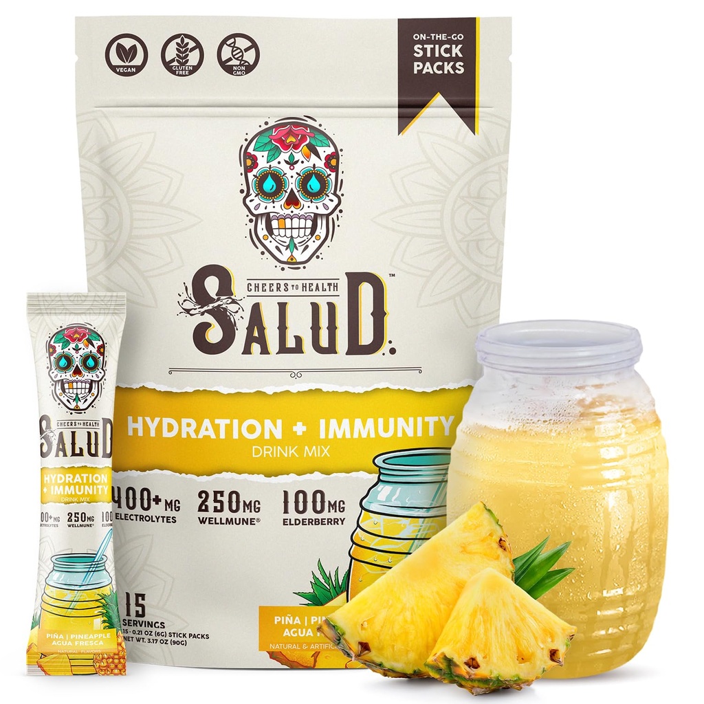 Salud 2-in-1 Hydration Packets + Immunity Electrolytes Powder, Pineapple - Agua Fresca 음료 혼합, Elderberry, Dairy & Soy Free, Non-GMO, Gluten Free, Vegan, Low Calorie, 1g Sugar (15 서빙)