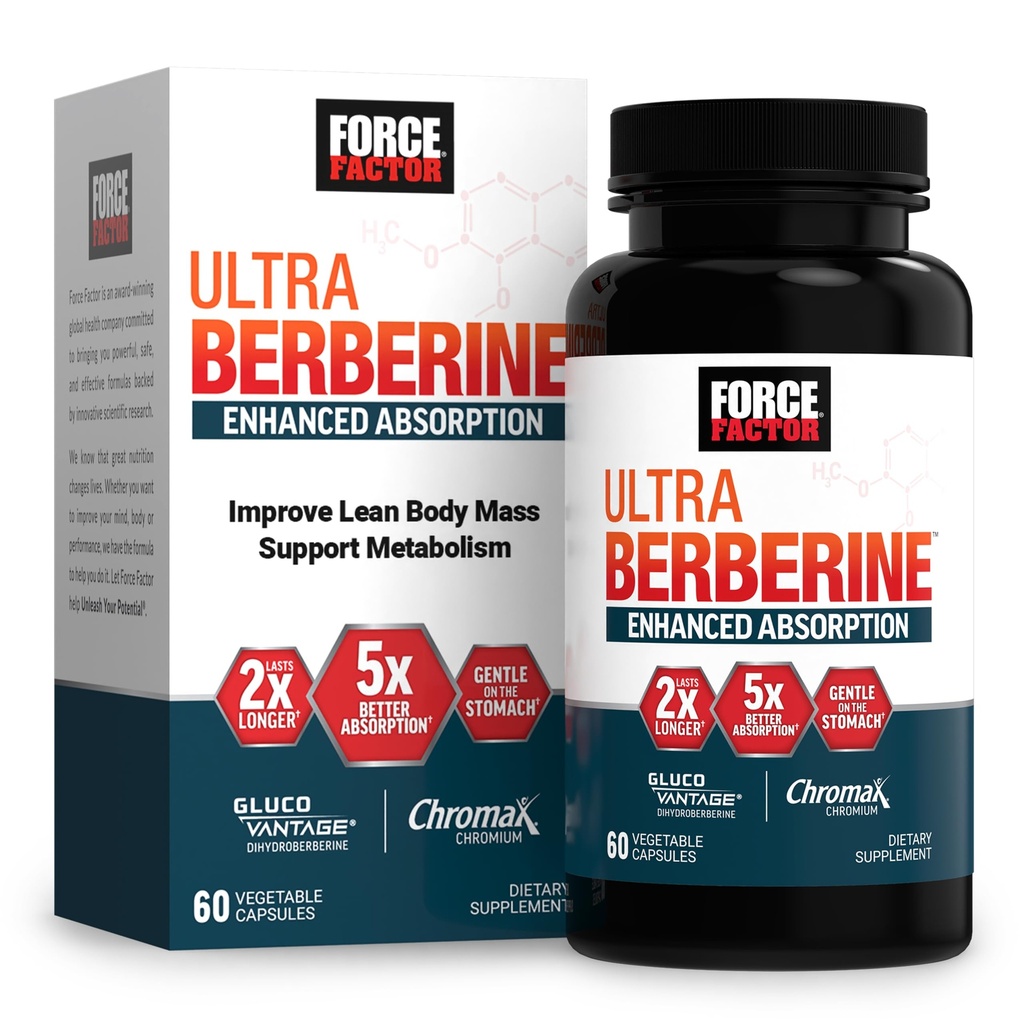 FORCE FACTOR Ultra Berberine는 Ceylon Cinnamon, Dihydroberberine & Chromium, 5X Absorption, 2X Longer Lasting, Lean Body Mass, 60 식물성 캡슐을 승진시키는 흡수를 강화했습니다