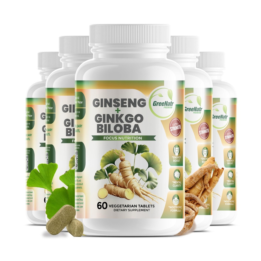 GreeNatr Ginko Biloba & Panax Ginseng 보충교재 - 기억과 초점을 위한 빨간 Ginseng - 좋은 시각, 면역 체계 및 개량된 혈액 교류를 위한 Ginkgo Biloba (360의 정제: 6개의 병)