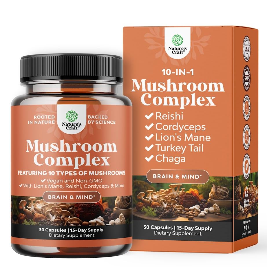 고급 버섯 복합 캡슐 - 10X 사자 Mane 보충 캡슐 Reishi, Chaga, Maitake & Brain Health Memory Support & Focus 용 Shiitake - Mental Clarity 용 Nootropic - 30 캡