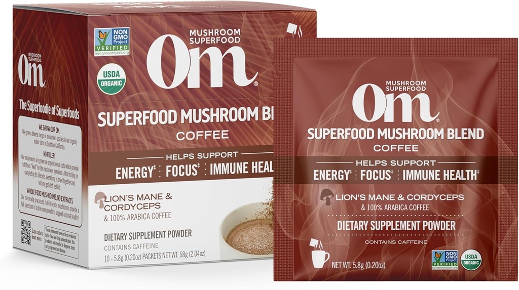 OM MUSHROOM SUPERFOOD 커피 블렌드 – Lion 's Mane, Cordyceps, Reishi, Turkey Tail & Ginkgo Biloba와 유기 아랍어 – 에너지 지원, 포커스 & 정신 Clarity – Single Serve Pack (10 개)