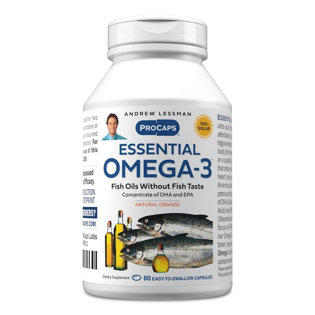 ANDREW LESSMAN Essential Omega-3 Orange - 60 Softgels - 매우 순수한, 높은 Potency Omega-3 오일. 높은 DHA, Stomach Upset 없음, 오염 물질 없음, 수성 없음. 작은 쉽게 삼키기 Softgels