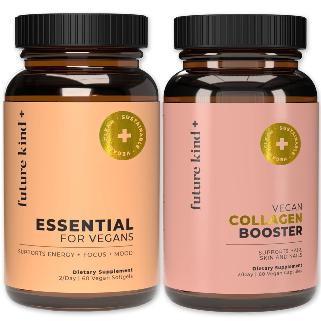 Future Kind 베스트 셀러 번들 | Vegan Multivitamins and Collagen Booster | B12, Omega 3, 비타민 D3와 여성과 남성용 Vegan Multivitamins | Collagen Supports skin, Hair, Nail Health