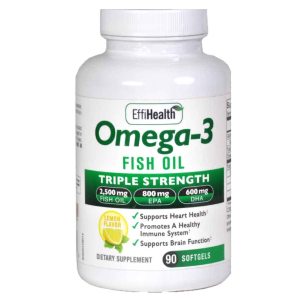 EffiHealth Omega-3 물고기 기름 - 3배 힘 2500mg 물고기 기름, 1200mg EPA, 600mg DHA - 지원 Hearth 건강, 뇌 건강 및 면역 지원 – 레몬 풍미, Burpless 물고기 기름