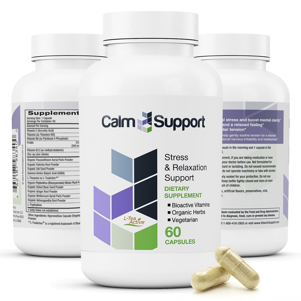 CalmSupport: 스트레스 & Relaxation 지원 - Ashwagandha, 열정 꽃, Valerian 뿌리, Ginger, GABA, 벨벳 콩, Motherwort, Oat 씨, Phyllanthus, L-Theanine, L-Tryptophan, Folate, C, B1, B6, B12, 아연