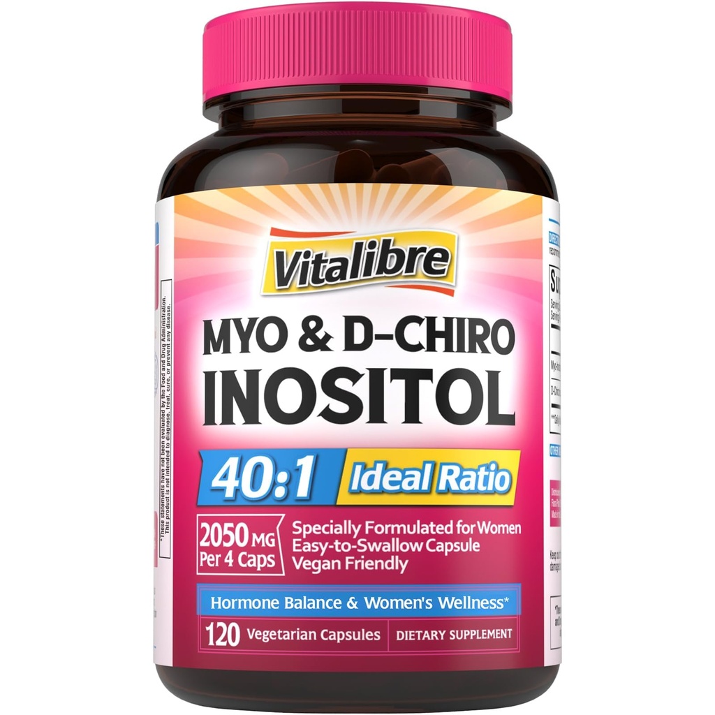 Inositol 보충교재, Myo-Inositol & D-Chiro Inositol 여성을 위한 불연성 보충교재, 40:1 이상 비율, 호르몬 균형 및 Ovarian 지원, 120 Vegan 캡슐