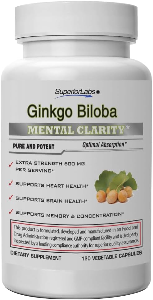 SuperiorLabs Ginkgo Biloba 1200 mg, Non-GMO, 증가된 흡수를 위한 까만 고추, 은행나무 추출물, 개량 기억 & 초점, 순환 승압기, 자연적인 산화를 억제하는 Nootropic의 120의 볼트 모자