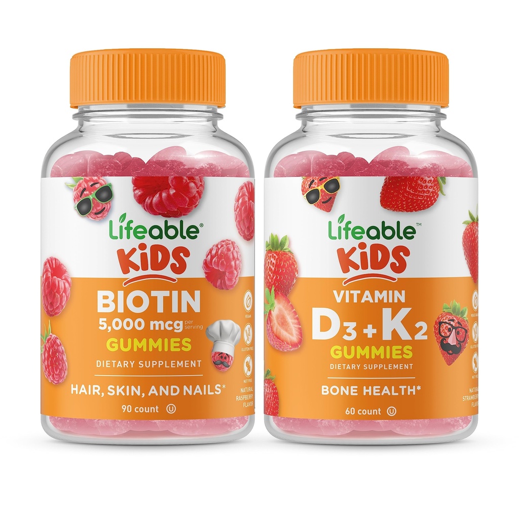Lifeable Biotin Kids + 비타민 D3 + 비타민 K2 키즈, Gummies 번들 - 훌륭한 타스팅, 비타민 보충, 글루텐 무료, GMO 무료, Chewable Gummy