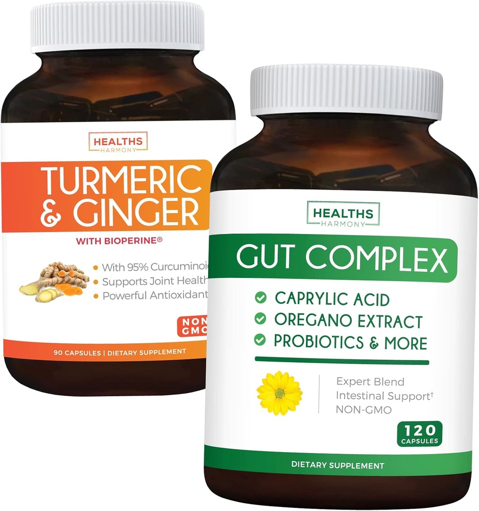 $ 11 (23% 할인) - Gut Balance 번들 - 균형 잡힌 Gut 건강 및 Probiotic 지원 (120 캡슐) 및 Turmeric 및 Ginger 95 % Curcuminoids 및 Bioperine (90 캡슐)