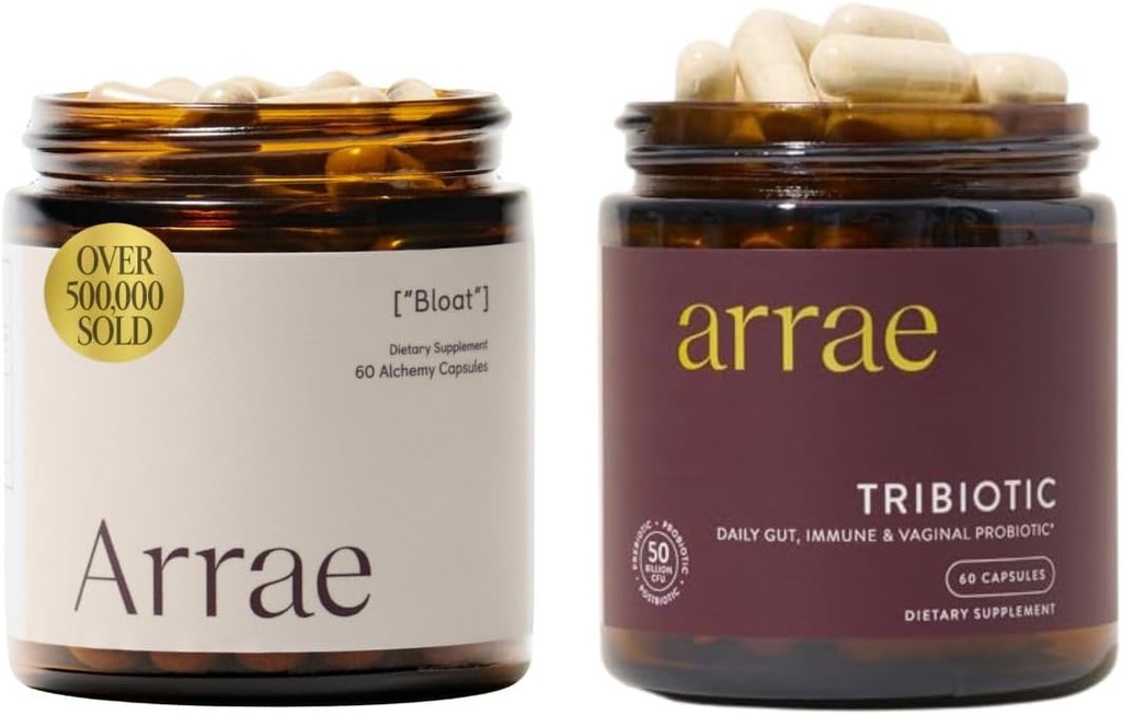 Arrae Bloat + Tribiotic 번들, Bloating Relief Digestive Enzymes, Gas & Indigestion Relief, 여성을위한 Probiotics, 질 pH 밸런스, 면역, 그리고 Feminine 건강에 대한 지원, 60 캡슐 각각